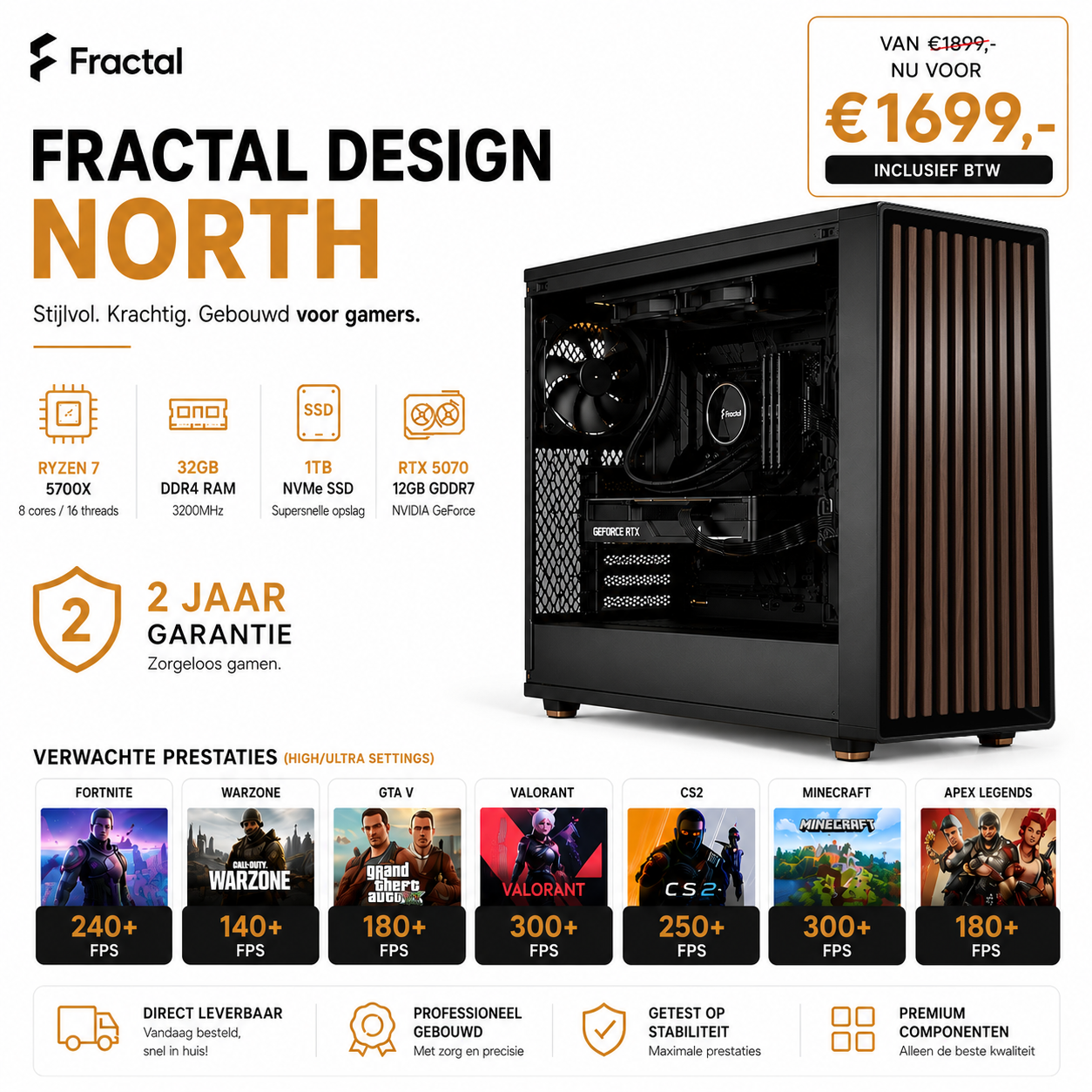 fractal design kast Fractal Design North Gaming PC – Ryzen 7 5700X / RTX 5070 - Afbeelding 1