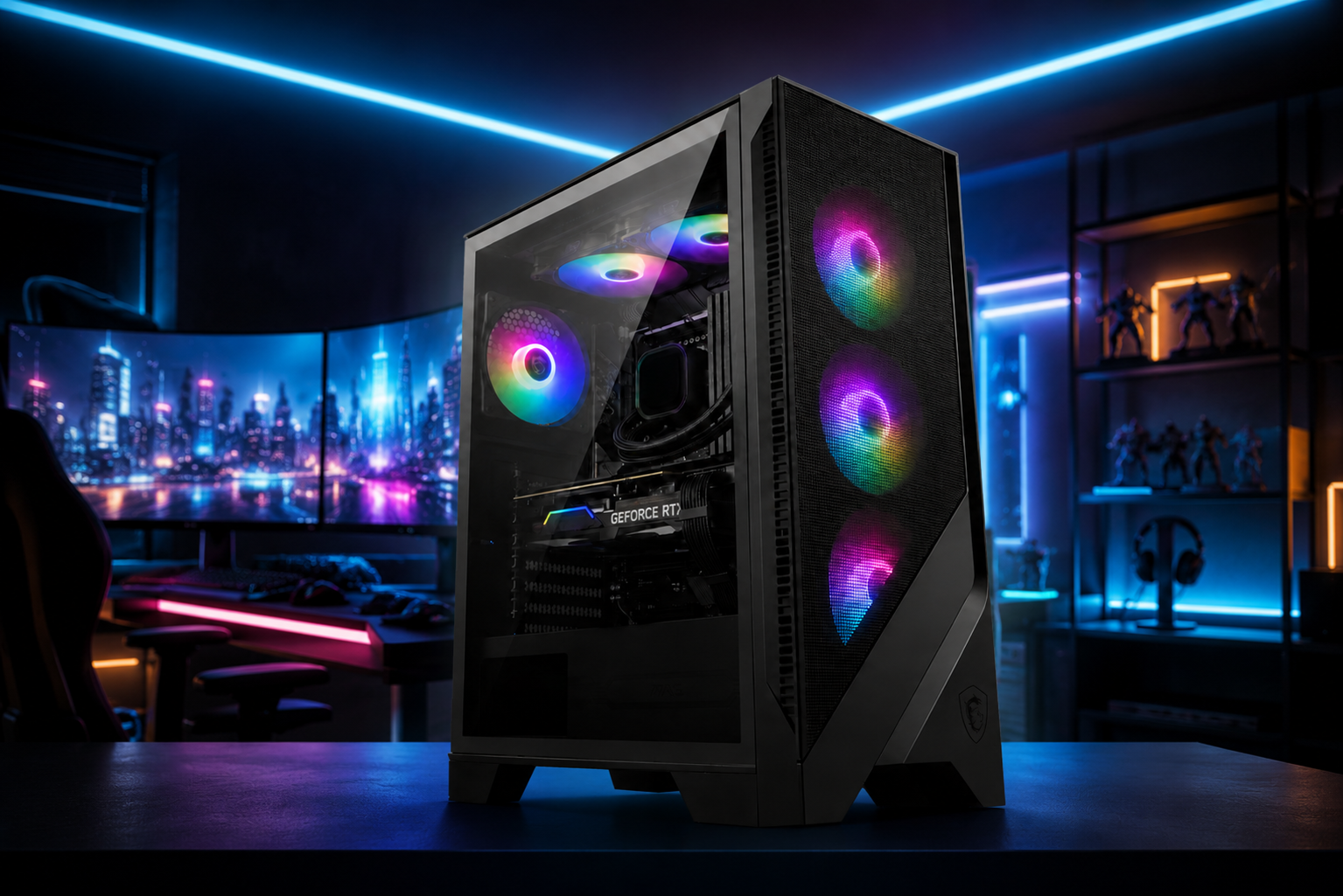 Krachtige gaming pc met RGB-verlichting in een moderne gamekamer, geschikt voor 1440p en 4K gaming in 2026.