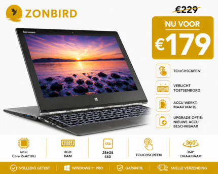 Lenovo Yoga 2 Pro 13.3 inch touchscreen laptop met Intel Core i5-4210U, 8GB RAM en 256GB SSD.