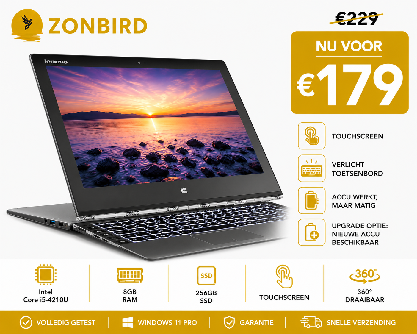 lenovo yoga 2 pro Lenovo Yoga 2 Pro 13.3 inch touchscreen laptop met Intel Core i5-4210U, 8GB RAM en 256GB SSD.