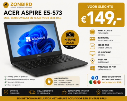 Acer Aspire E5-573 15.6 inch laptop met Intel Core i5, 8GB RAM, 120GB SSD en nieuwe accu.