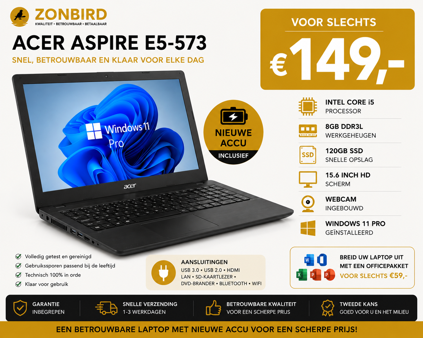 acer aspire e5 Acer Aspire E5-573 15.6 inch laptop met Intel Core i5, 8GB RAM, 120GB SSD en nieuwe accu.
