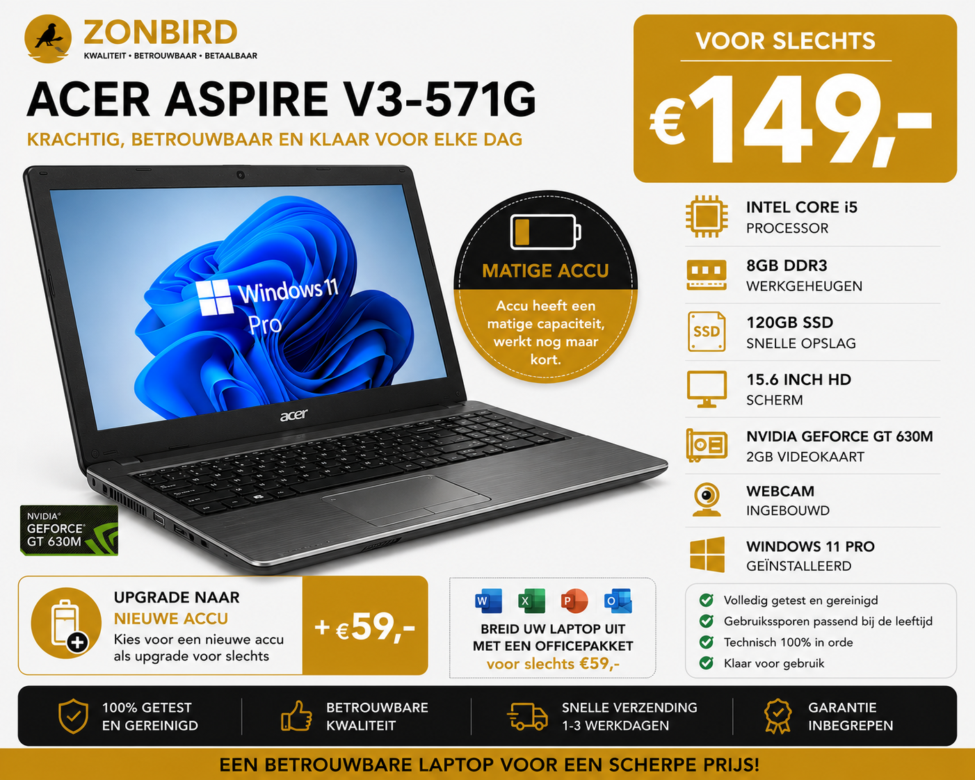 Acer Aspire V3-571G 15.6 inch Laptop | Intel Core i5 | 8GB RAM | 120GB SSD Acer Aspire V3-571G 15.6 inch Laptop – Intel Core i5 – 8GB RAM – 120GB SSD – Windows 11 Pro