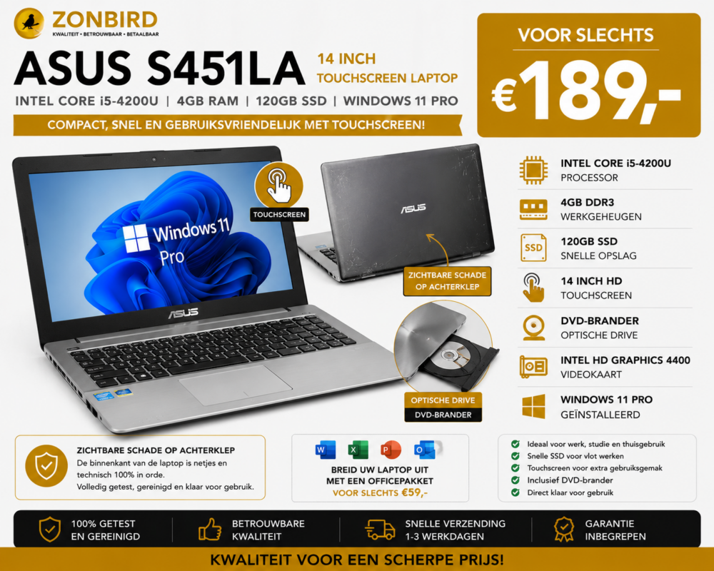 ASUS S451LA 14 inch touchscreen laptop met Intel Core i5-4200U, 4GB RAM en 120GB SSD.