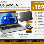 ASUS S451LA 14 inch touchscreen laptop met Intel Core i5-4200U, 4GB RAM en 120GB SSD.