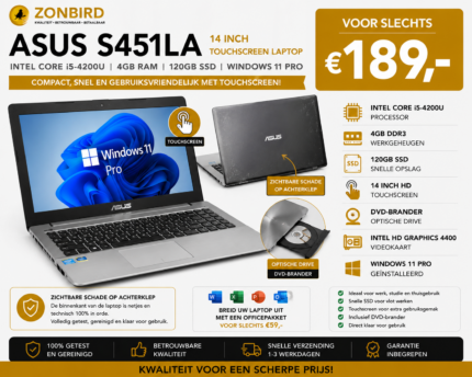 ASUS S451LA 14 inch touchscreen laptop met Intel Core i5-4200U, 4GB RAM en 120GB SSD.