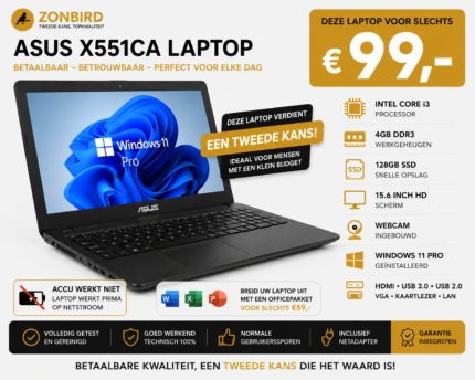 ASUS X551CA 15.6 inch laptop met Intel Core i3, 4GB RAM, 128GB SSD en Windows 11 Pro.