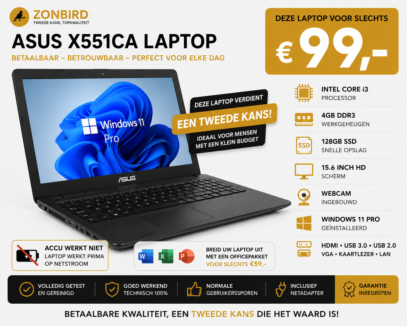 ASUS X551CA 15.6 inch Laptop | Intel Core i3 | 4GB RAM | 128GB SSD | Windows 11 Pro ASUS X551CA 15.6 inch laptop met Intel Core i3, 4GB RAM, 128GB SSD en Windows 11 Pro.