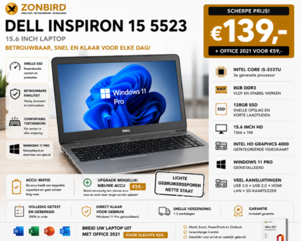 Dell Inspiron 15 5523 15.6 inch laptop met Intel Core i5-3337U, 8GB RAM, 128GB SSD en Windows 11 Pro.