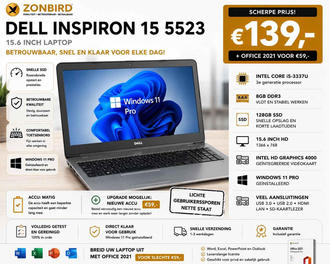 Dell Inspiron 15 5523 15.6 inch Laptop | i5-3337U | 8GB RAM | 128GB SSD | Windows 11 Pro Dell Inspiron 15 5523 15.6 inch laptop met Intel Core i5-3337U, 8GB RAM, 128GB SSD en Windows 11 Pro.