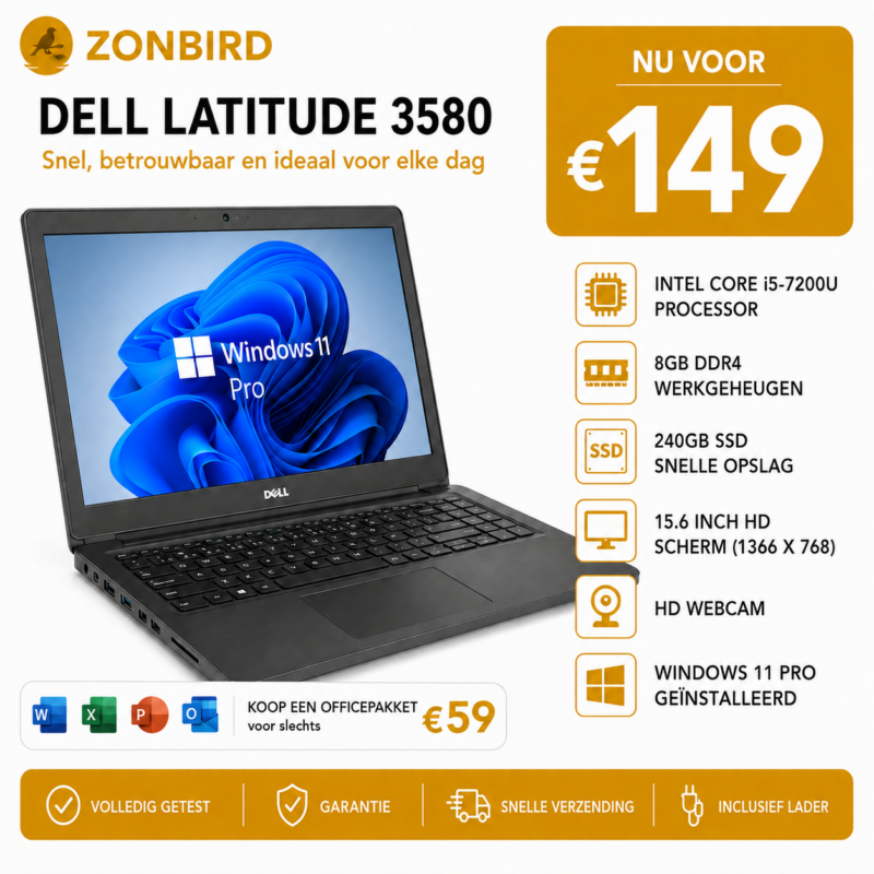 Dell Latitude 3580 15.6 inch laptop met Intel Core i5-7200U, 8GB RAM en 240GB SSD