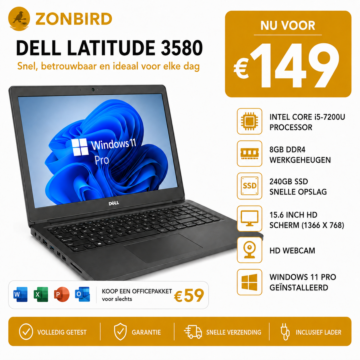 Dell Latitude 3580 15.6 inch Laptop | i5-7200U | 8GB | 240GB SSD Dell Latitude 3580 15.6 inch laptop met Intel Core i5-7200U, 8GB RAM en 240GB SSD
