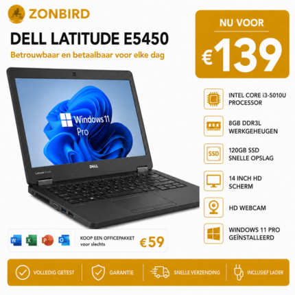 Dell Latitude E5450 14 inch laptop met Intel Core i3-5010U, 8GB RAM en 120GB SSD.