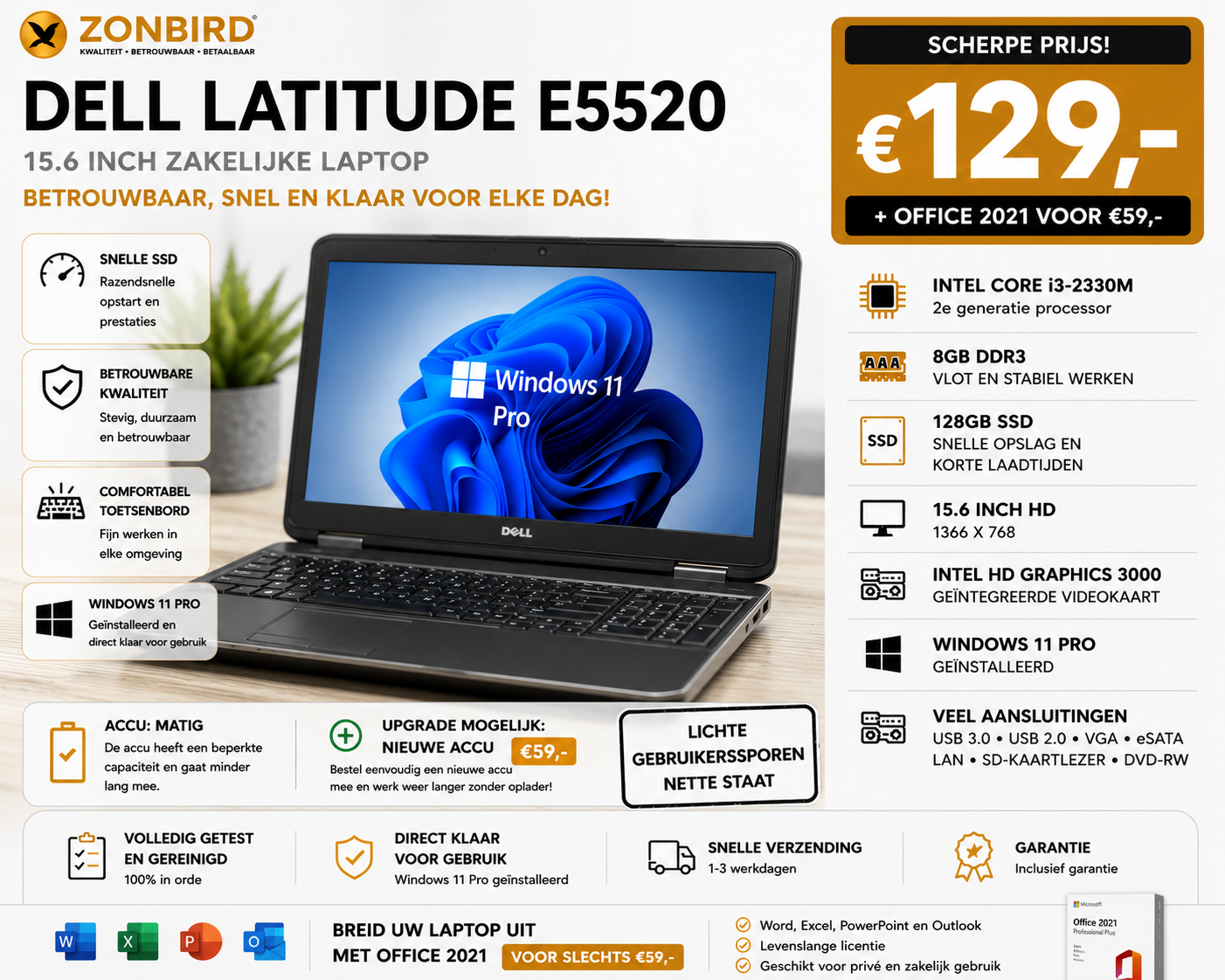 Dell Latitude E5520 15.6 inch Laptop | i3-2330M | 8GB RAM | 128GB SSD | Windows 11 Pro Dell Latitude E5520 15.6 inch laptop met Intel Core i3-2330M, 8GB RAM, 128GB SSD en Windows 11 Pro.