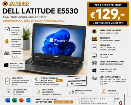 Dell Latitude E5530 15.6 inch laptop met Intel Core i5-2520M, 8GB RAM, 120GB SSD en Windows 11 Pro.