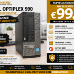 -tekst Dell OptiPlex 990 desktop met Intel Core i5, 8GB RAM, 128GB SSD, Windows 11 Pro en Office 2021.