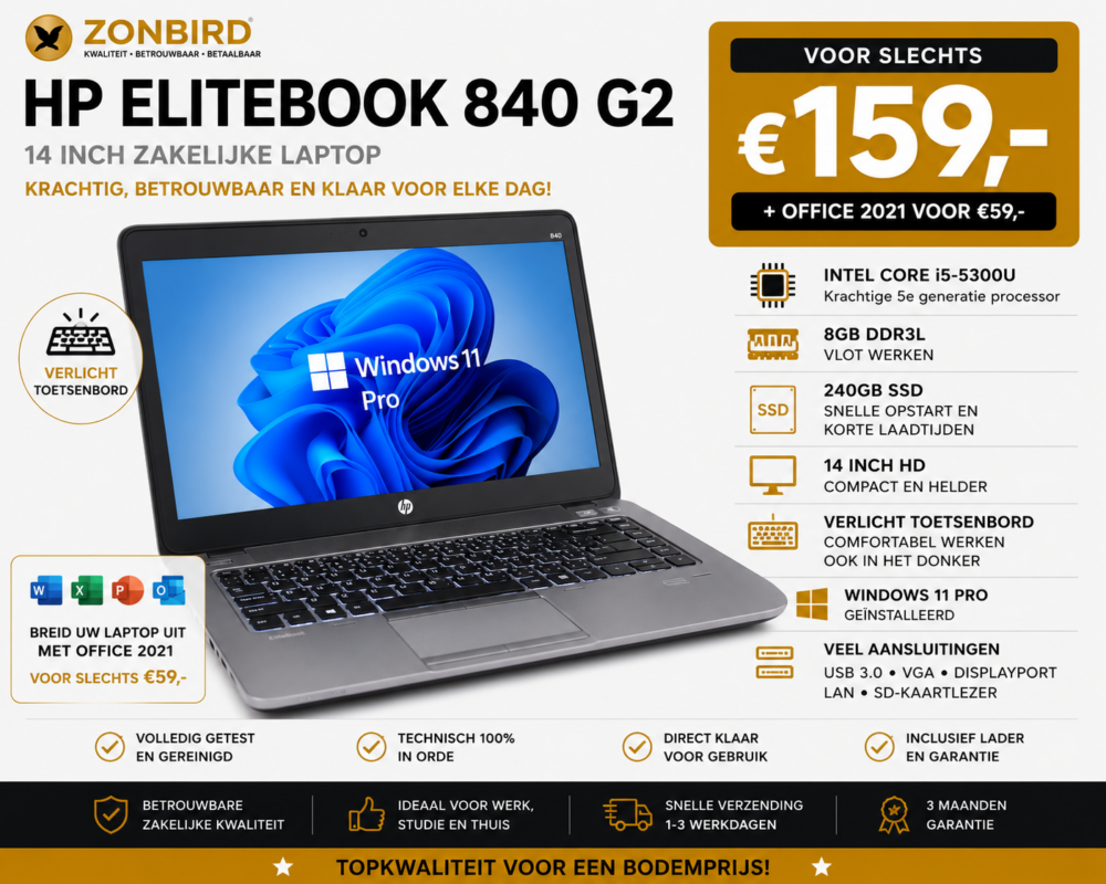HP EliteBook 840 G2 14 inch laptop met Intel Core i5-5300U, 8GB RAM, 240GB SSD en Windows 11 Pro.