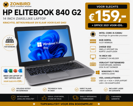 HP EliteBook 840 G2 14 inch laptop met Intel Core i5-5300U, 8GB RAM, 240GB SSD en Windows 11 Pro.