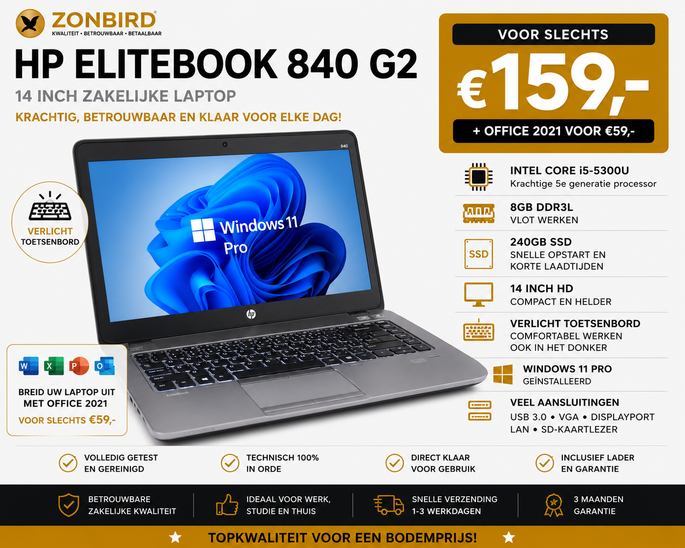 elitebook g2 HP EliteBook 840 G2 14 inch laptop met Intel Core i5-5300U, 8GB RAM, 240GB SSD en Windows 11 Pro.