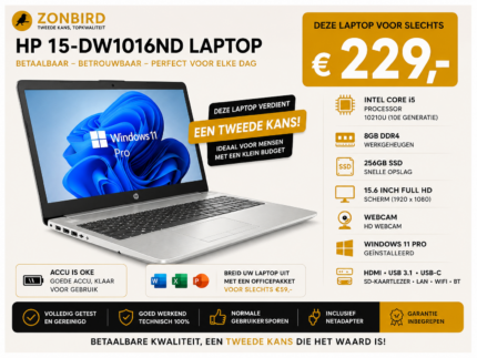 HP 15-dw1016nd 15.6 inch laptop met Intel Core i5-10210U, 8GB RAM, 256GB SSD en Windows 11 Pro.