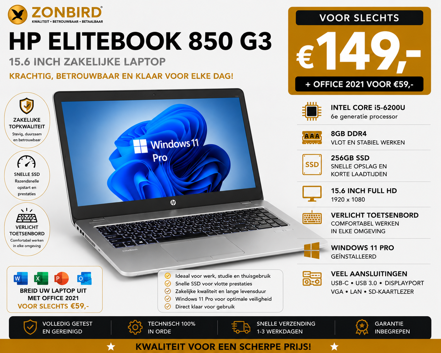 HP EliteBook 850 G3 15.6 inch Laptop | i5-6200U | 8GB RAM | 256GB SSD | Windows 11 Pro HP EliteBook 850 G3 15.6 inch laptop met Intel Core i5-6200U, 8GB DDR4, 256GB SSD en Windows 11 Pro.