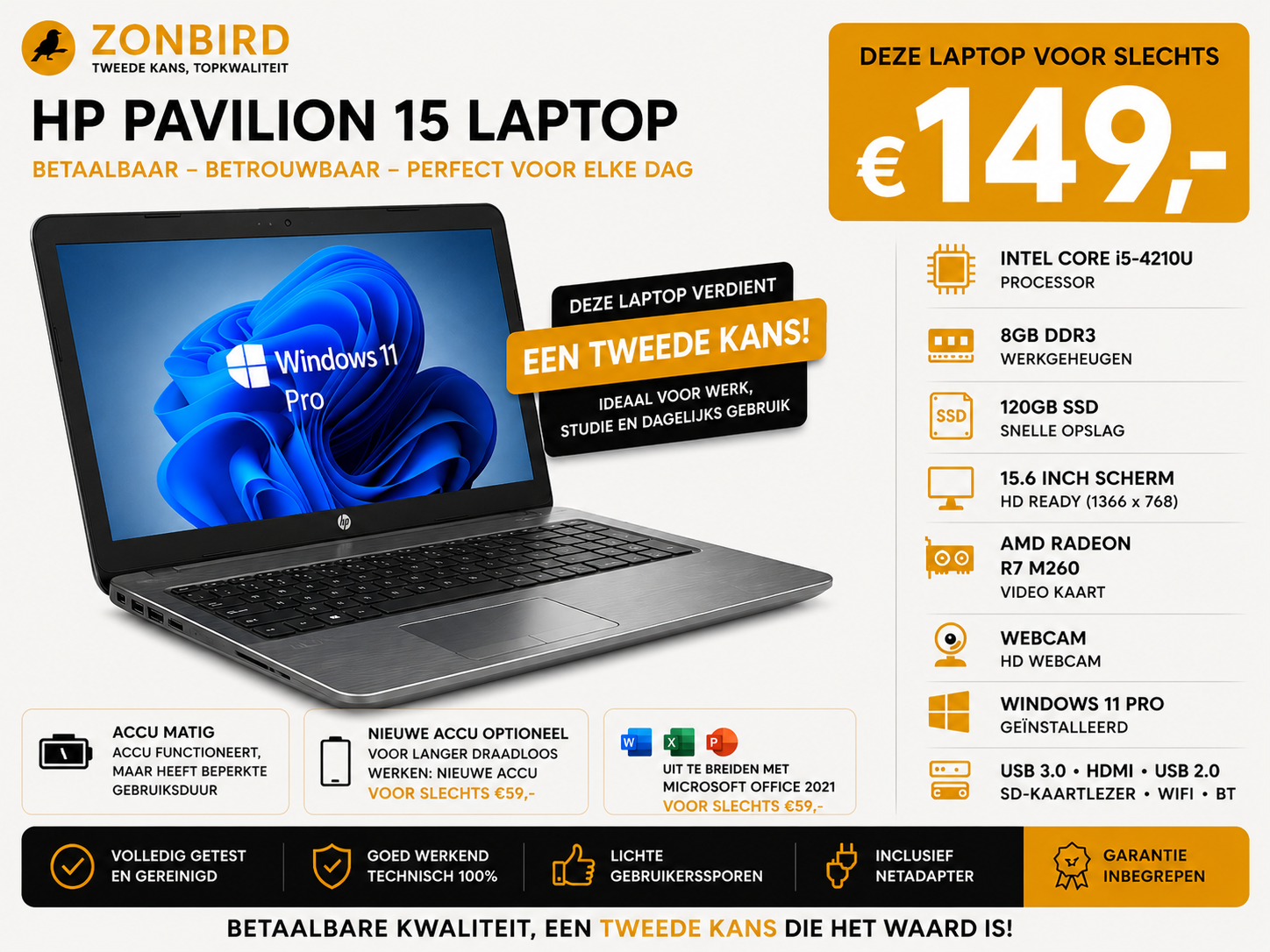 HP Pavilion 15 | i5-4210U | 8GB | 120GB SSD | Radeon R7 M260 | Windows 11 Pro HP Pavilion 15 laptop met Intel Core i5-4210U, 8GB RAM, 120GB SSD, AMD Radeon R7 M260 en Windows 11 Pro.