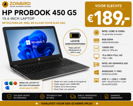 HP ProBook 450 G5 15.6 inch Laptop – Intel Core i5-7200U – 8GB RAM – 120GB SSD – Windows 11 Pro
