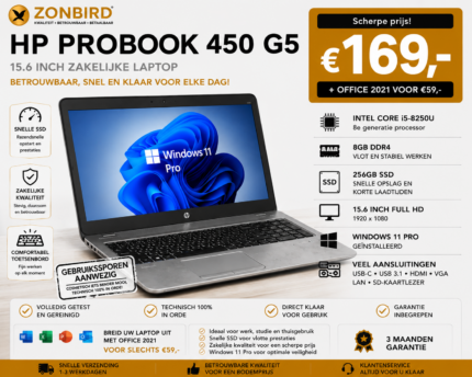 HP ProBook 450 G5 15.6 inch laptop met Intel Core i5-8250U, 8GB RAM, 256GB SSD en Windows 11 Pro.