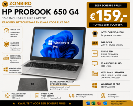 HP ProBook 650 G4 15.6 inch laptop met Intel Core i5-8250U, 8GB RAM, 256GB SSD en Windows 11 Pro.