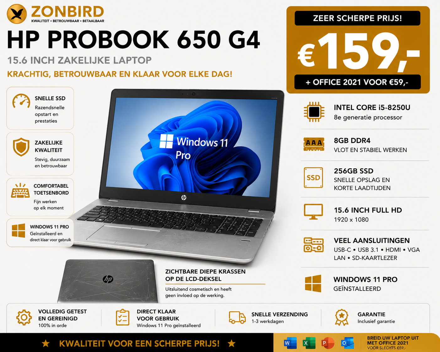 HP ProBook 650 G4 15.6 inch Laptop | i5-8250U | 8GB RAM | 256GB SSD | Windows 11 Pro HP ProBook 650 G4 15.6 inch laptop met Intel Core i5-8250U, 8GB RAM, 256GB SSD en Windows 11 Pro.