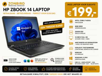 HP ZBook 14 workstation laptop met Intel Core i7-4510U, AMD Radeon HD 8500M/8700M, 8GB RAM, 256GB SSD en Windows 11 Pro.