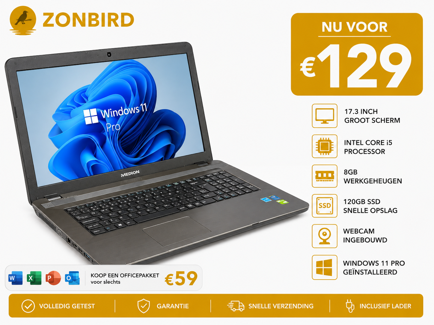 MEDION 17.3 inch Laptop | Intel Core i5 | 8GB RAM | 120GB SSD | Window MEDION 17.3 inch laptop met Intel Core i5, 8GB RAM, 120GB SSD, webcam en Windows 11 Pro.