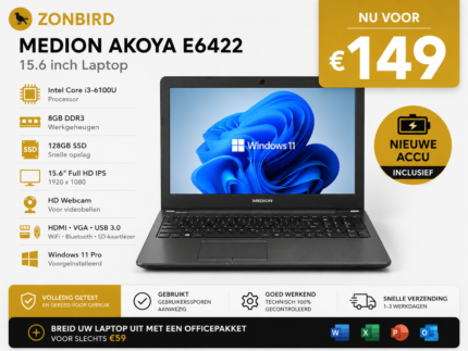 MEDION AKOYA E6422 15.6 inch Laptop – Intel Core i3-6100U – 8GB RAM – 128GB SSD – Nieuwe Accu – Windows 11 Pro