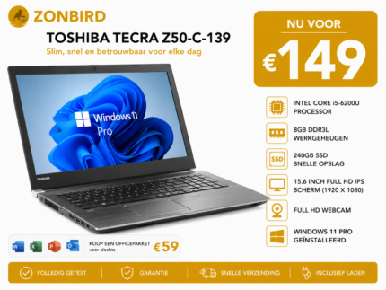 Toshiba Tecra Z50-C-139 15.6 inch laptop met Intel Core i5-6200U, 8GB RAM, 240GB SSD en Windows 11 Pro.