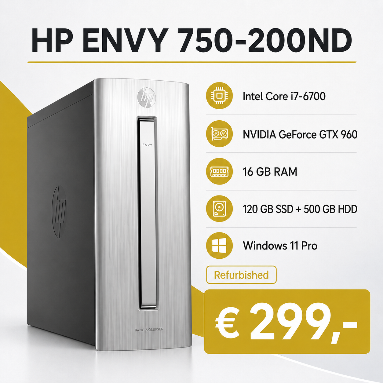 HP Envy 750-200nd HP Envy 750-200nd - Intel i7-6700 - Nvidia GTX 960 - 16 GB RAM - 120 GB SSD - 500 GB HDD - Windows 11 Pro (refurbished) - Afbeelding 1