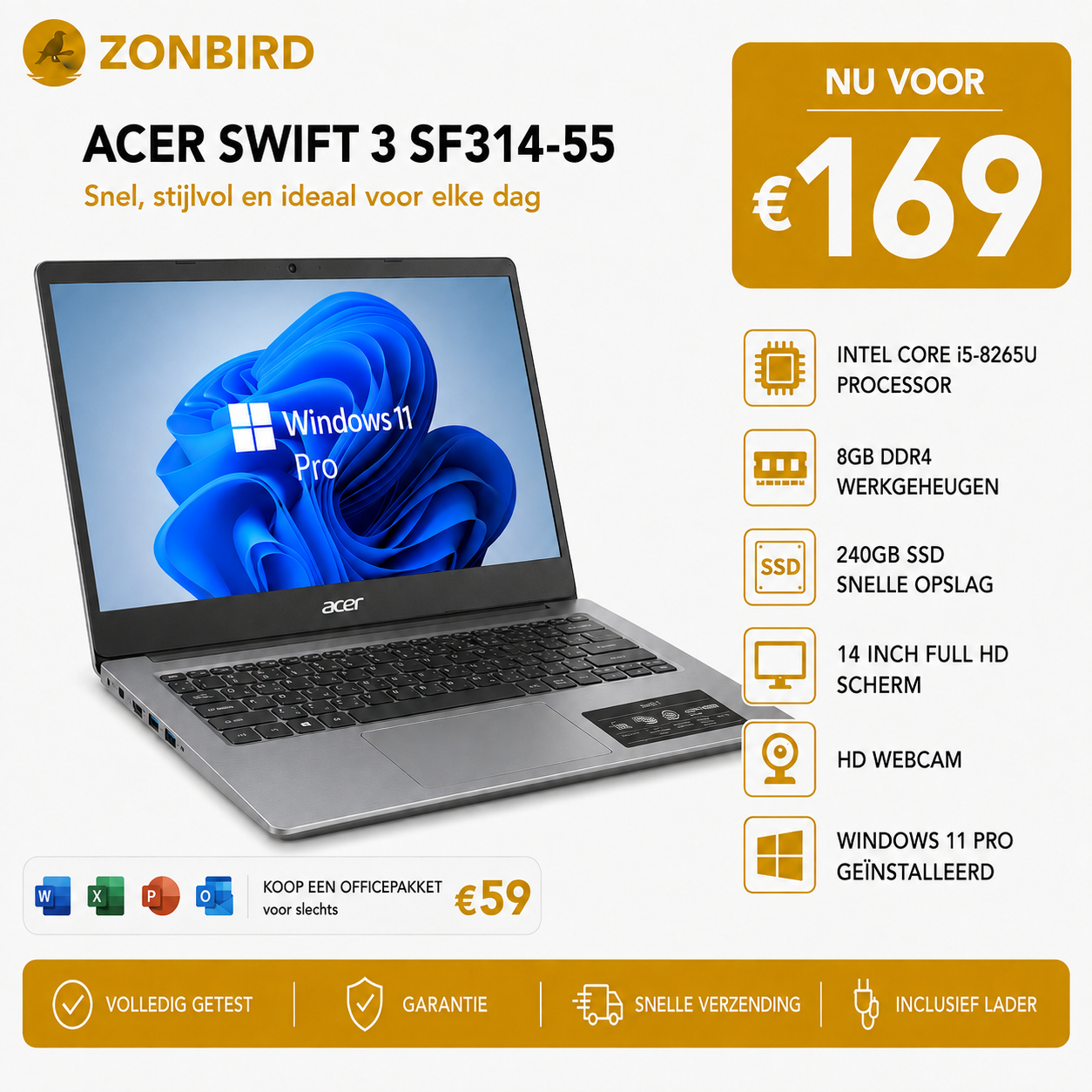 Acer Swift 3 SF314-55 14 inch | i5-8265U | 8GB RAM | 240GB SSD Acer Swift 3 SF314-55 14 inch laptop met Intel Core i5-8265U, 8GB RAM en 240GB SSD.