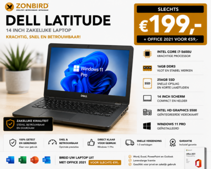 Dell Latitude 14 inch laptop met Intel Core i7-5600U, 16GB RAM, 256GB SSD en Windows 11 Pro.
