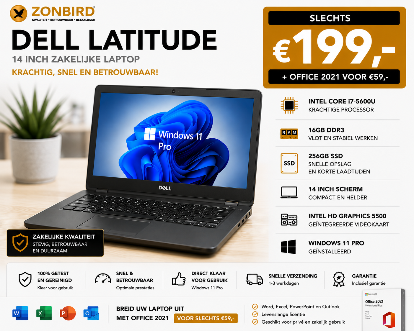 Dell Latitude 14 inch Laptop | i7-5600U | 16GB RAM | 256GB SSD | Windows 11 Pro Dell Latitude 14 inch laptop met Intel Core i7-5600U, 16GB RAM, 256GB SSD en Windows 11 Pro.