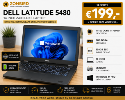 Dell Latitude 5480 14 inch laptop met Intel Core i5-7300U, 8GB RAM, 256GB SSD, verlicht toetsenbord en nieuwe accu