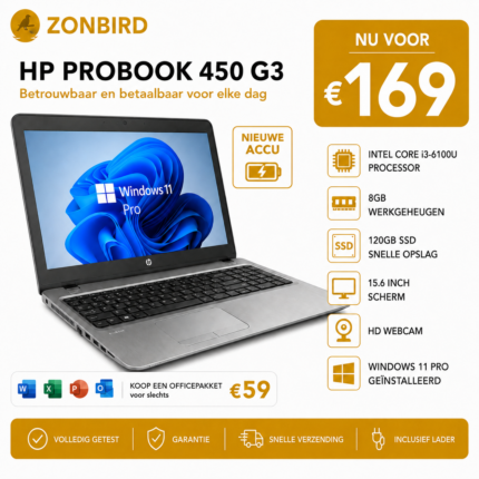 HP ProBook 450 G3 15.6 inch Laptop – Intel Core i3-6100U – 8GB RAM – 120GB SSD – Windows 11 Pro