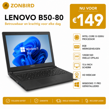 Lenovo B50-80 15.6 inch zwarte laptop met Intel Core i5-5200U, 8GB RAM en 120GB SSD.