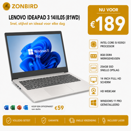 Lenovo IdeaPad 3 14IIL05 14 inch laptop met Intel Core i3-1005G1, 8GB RAM en 240GB SSD.