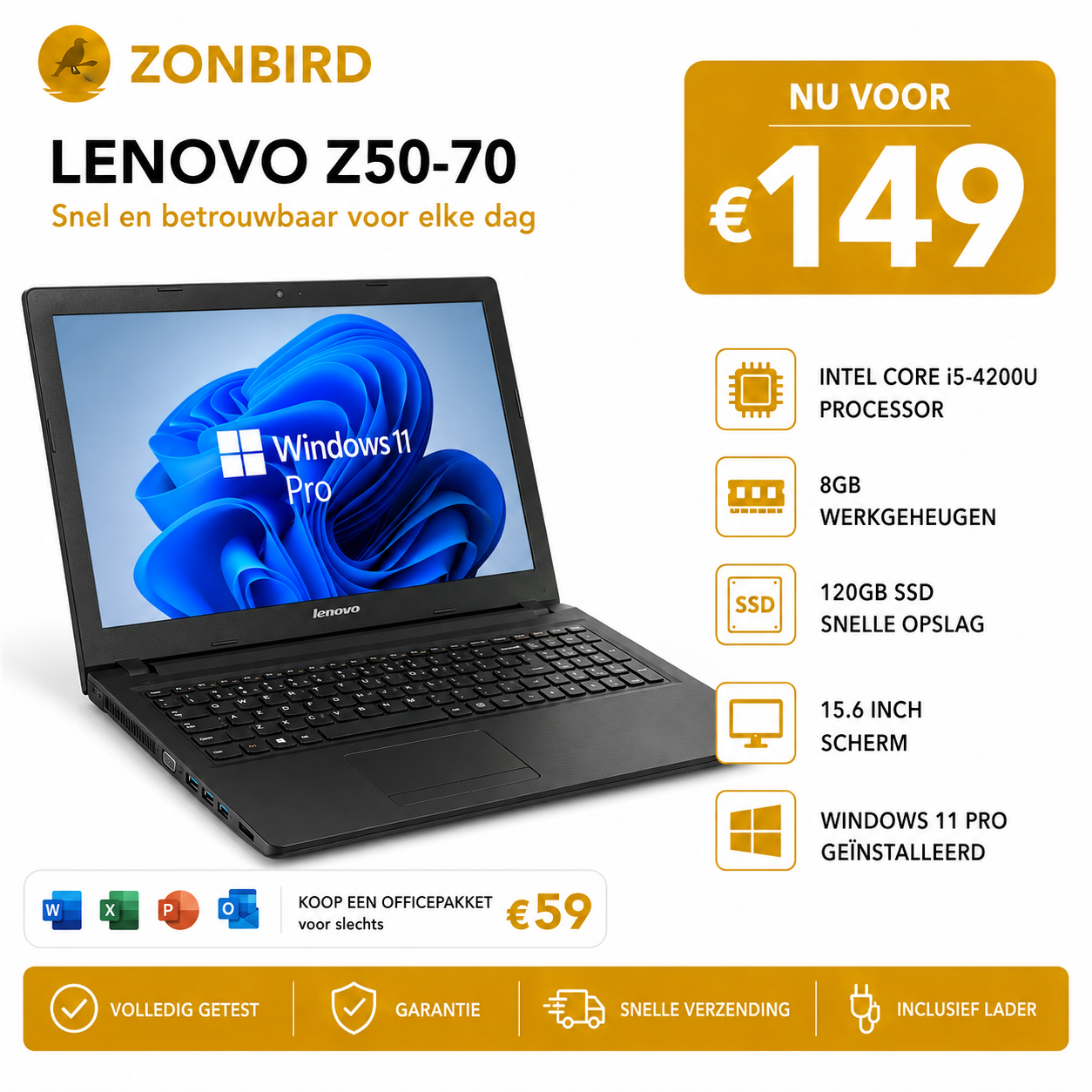 Lenovo Z50-70 15.6 inch Laptop | i5-4200U | 8GB RAM | 120GB SSD Lenovo Z50-70 15.6 inch zwarte laptop met Intel Core i5-4200U, 8GB RAM en 120GB SSD.