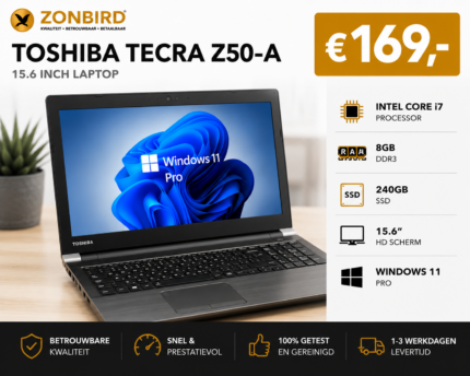 Toshiba Tecra Z50-A 15.6 inch laptop met Intel Core i7, 8GB RAM, 240GB SSD en Windows 11 Pro.