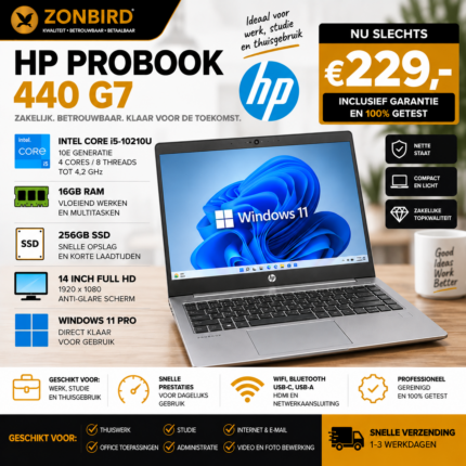 HP ProBook 440 G7 14 inch met Intel Core i5-10210U, 16GB RAM, 256GB SSD en Windows 11 Pro