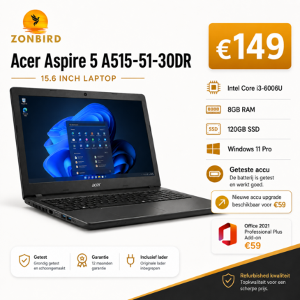 Acer Aspire 5 A515-51-30DR 15.6 inch laptop met Intel Core i3-6006U, 8GB RAM en 120GB SSD.