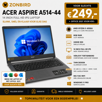 Acer Aspire A514-44 14 inch laptop met AMD Ryzen 5 4500U, 8GB RAM, 240GB SSD, Full HD IPS-scherm en verlicht toetsenbord.