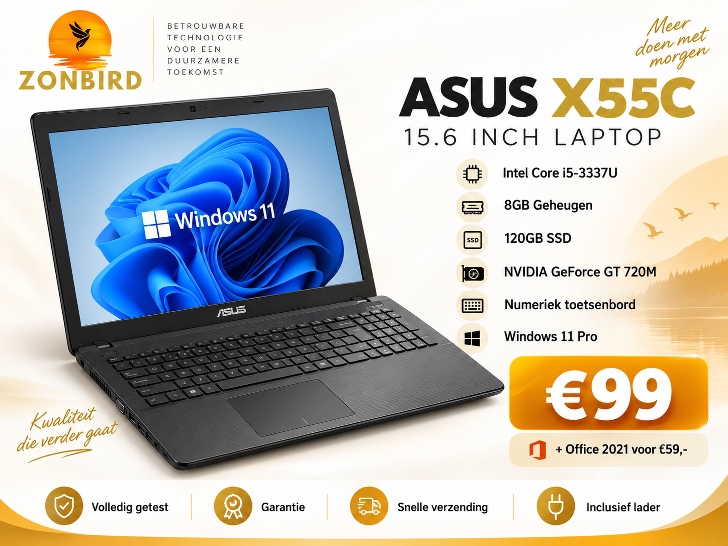 ASUS X55C 15.6 inch | i5-3337U | 4GB | 120GB SSD | GeForce GT 720M ASUS X55C 15.6 inch laptop met Intel Core i5-3337U, 4GB RAM, 120GB SSD en NVIDIA GeForce GT 720M.