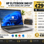 HP EliteBook 840 G7 14 inch laptop met Intel Core i5-10210U, 8GB RAM, 240GB SSD en verlicht toetsenbord.