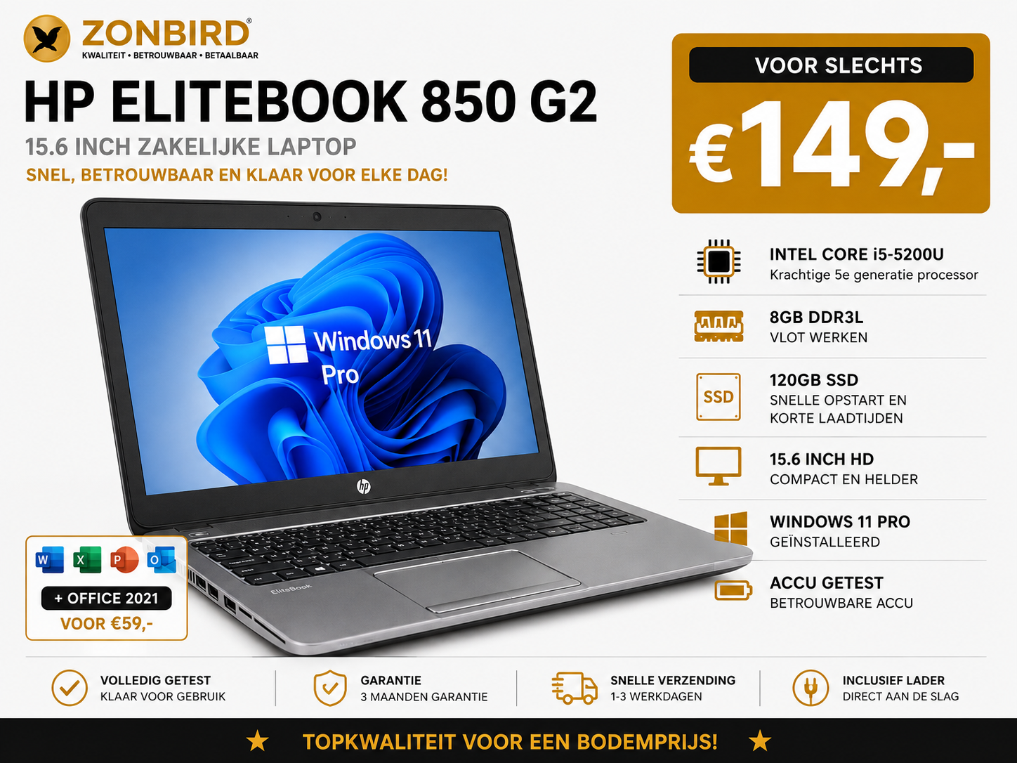 HP EliteBook 850 G2 15.6 inch | i5-5200U | 8GB RAM | 120GB SSD HP EliteBook 850 G2 15.6 inch laptop met Intel Core i5-5200U, 8GB RAM en 120GB SSD.